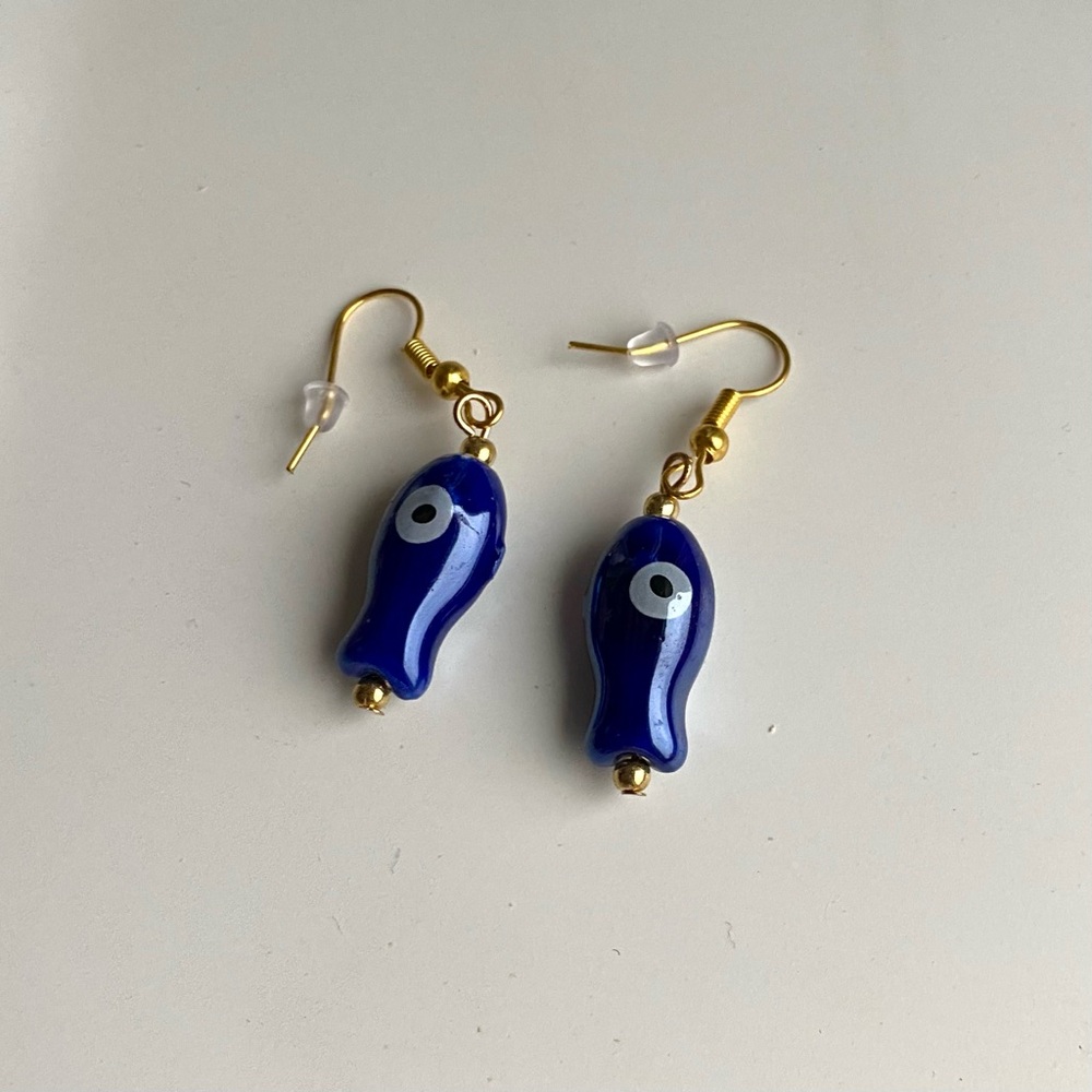 Handmade 18K GOLD PLATED STAINLESS STEEL Earrings Blue Ceramic Fish Nautical